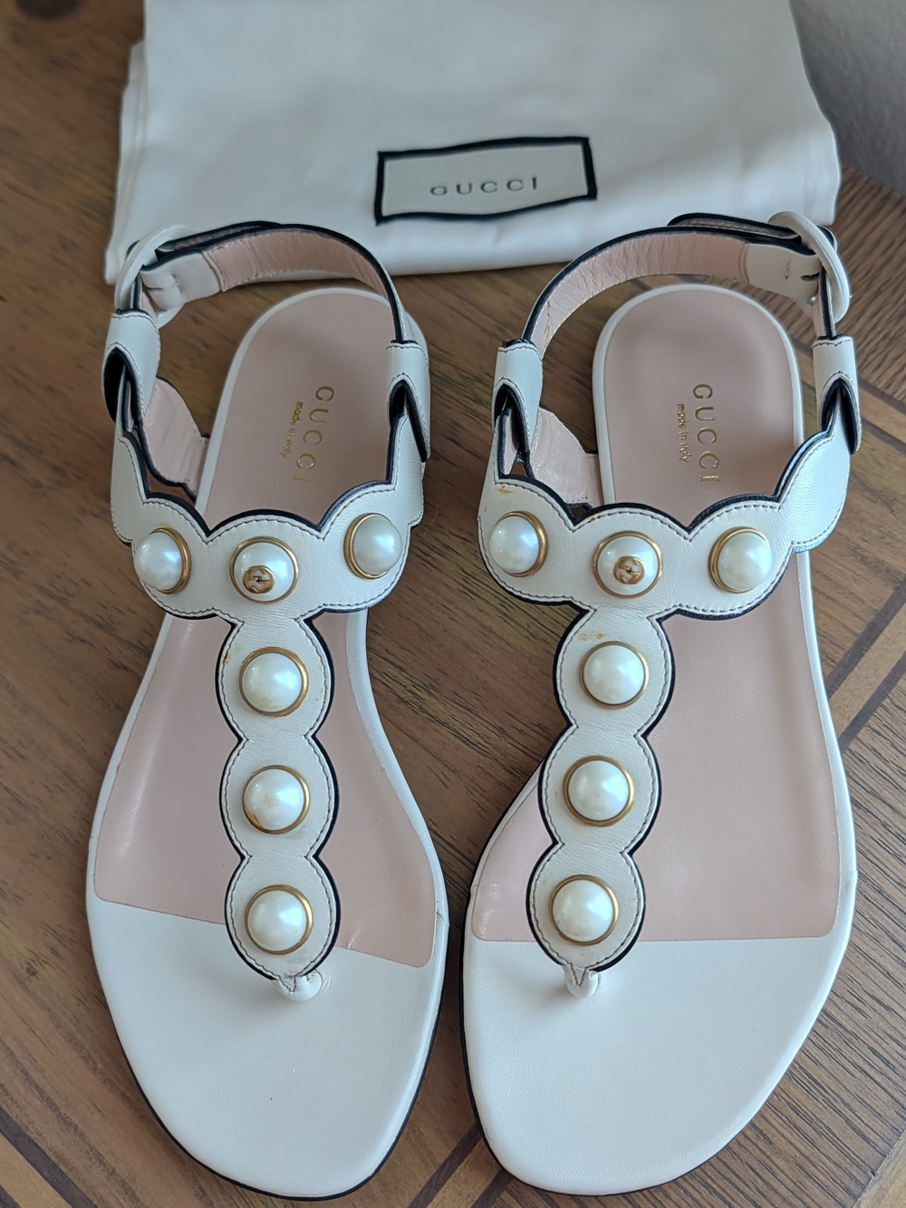 Gucci White Pearl-Embellished Leather T-Strap Sandals